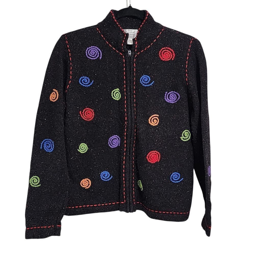 Vintage Sweater Cardigan S Multicolor Hand Embroidered Zip Artsy